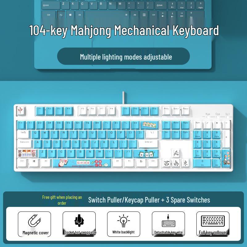 Hot-Swappable Blue Switch Gaming Mechanical Keyboard for Office and E-Sports - 104 Keys, Customizable for Girls