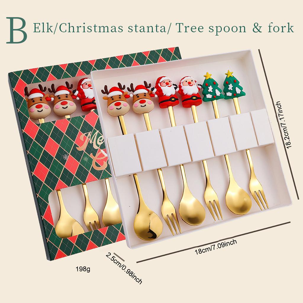 6pcs Christmas Party Dinnerware Set with Gift Box Elk Christmas Hat Tree Fork Spoon Cutlery Set Gold Stainless Steel Tableware