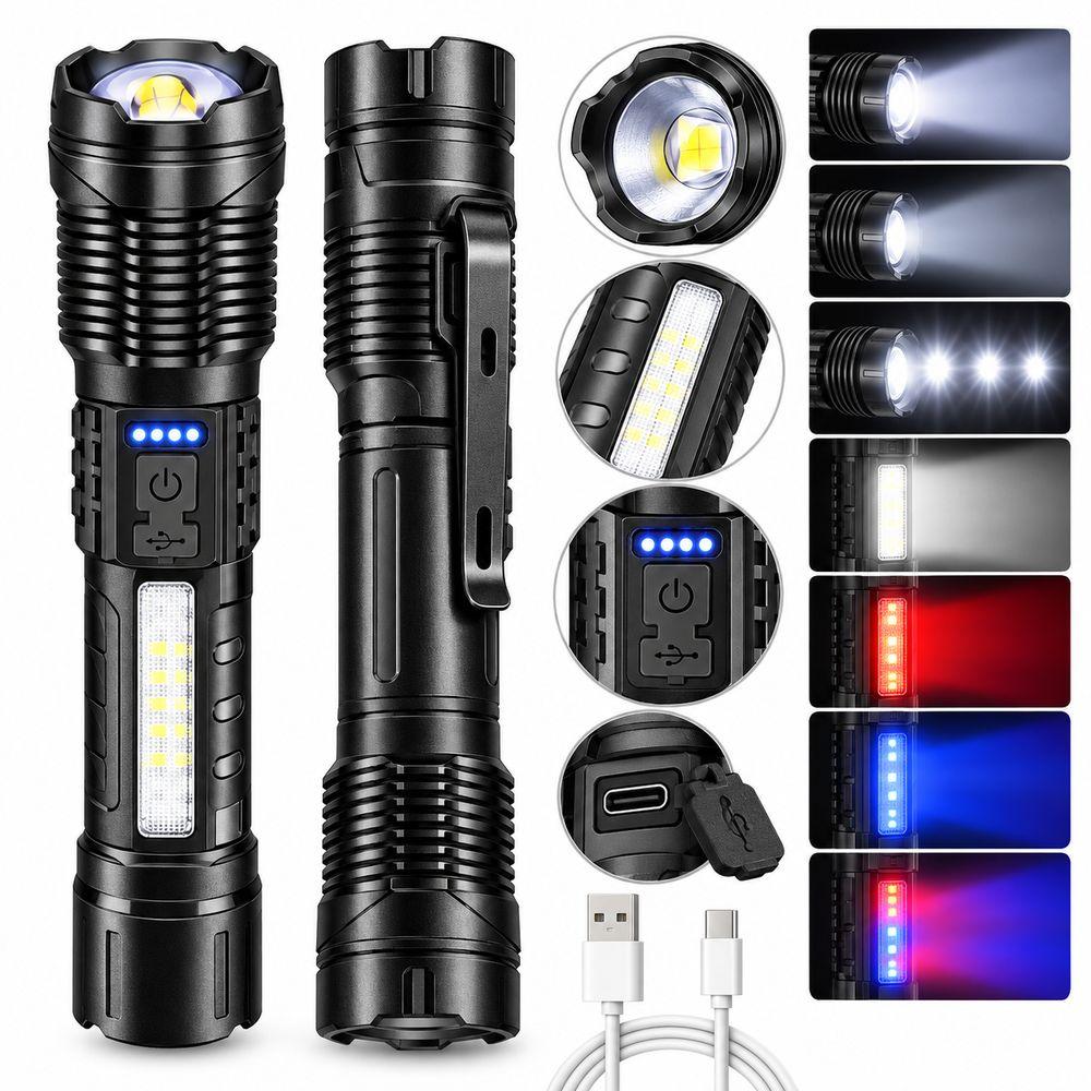 Red Blue Warning Light LED Flashlight USB C Charging Zoomable Flashlight  Outdoor Camping