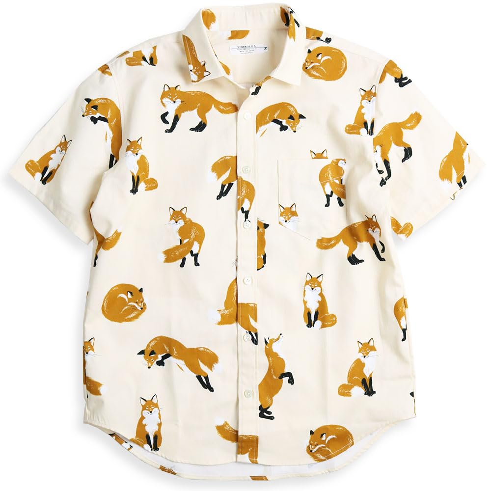 Quintet Fox Print Short Sleeve Animal Made in VINTAGE EL 10 Men's Shirt, Fox, Fox, Inari, Print, Japan, 11-70554 (L, White)