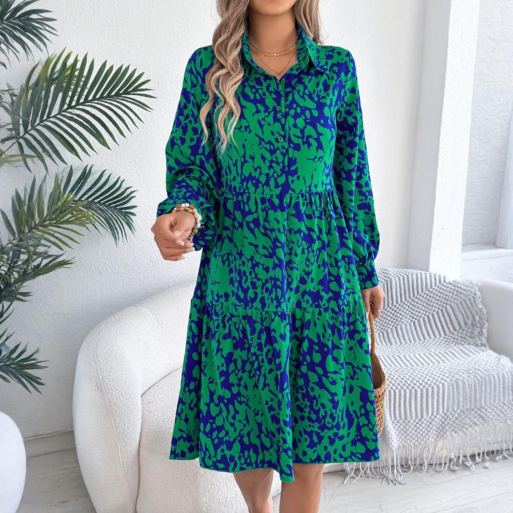 Women's Summer Fashion Printed Lapel Button Loose Long Sleeved Shirt Dress