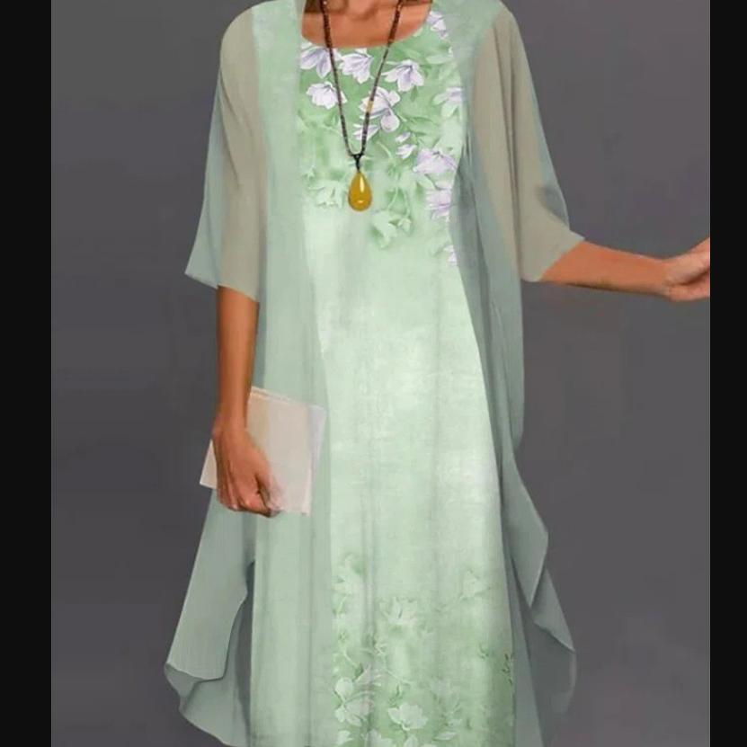 Women's Casual Floral Print Round Neck Slim Pocket Dress Long Skirt