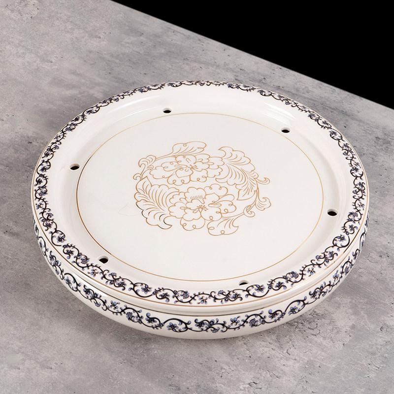 14-inch Ceramic Round Tea Tray for Gongfu Tea, with Double-Layer Water Storage