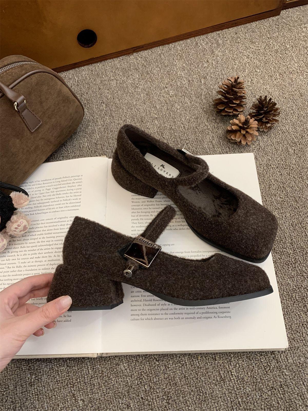 

Gray Mary Jane fluffy shoes women s winter wear new French retro woolen thick heel single shoes women s velvet high heels 40