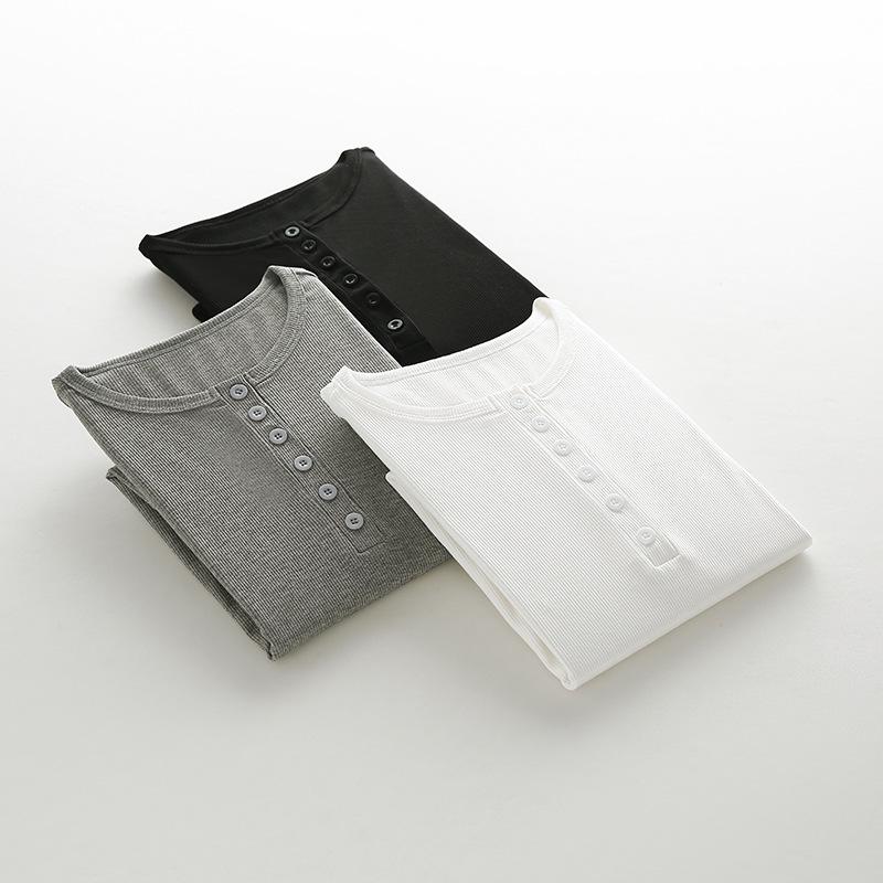 Women's Slim Fit Long Sleeve Half Open Collar T-shirt with Button Detail