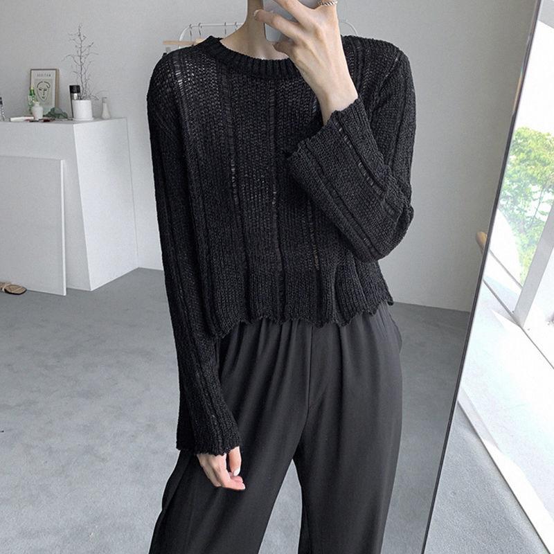 Chic Thin Knit Top Women's Autumn Versatile Crew Neck Loose Hollow Out Short Long Sleeve Pullover