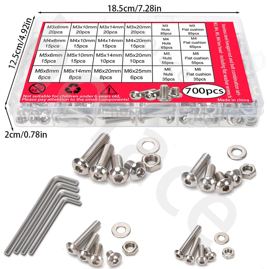 700 PCS Stainless Steel Hexagon Nut and Bolt Combo Set - Round Cup M3, M4, M5, M6 Hex Head - Round Head Bolt - Includes Flat Was