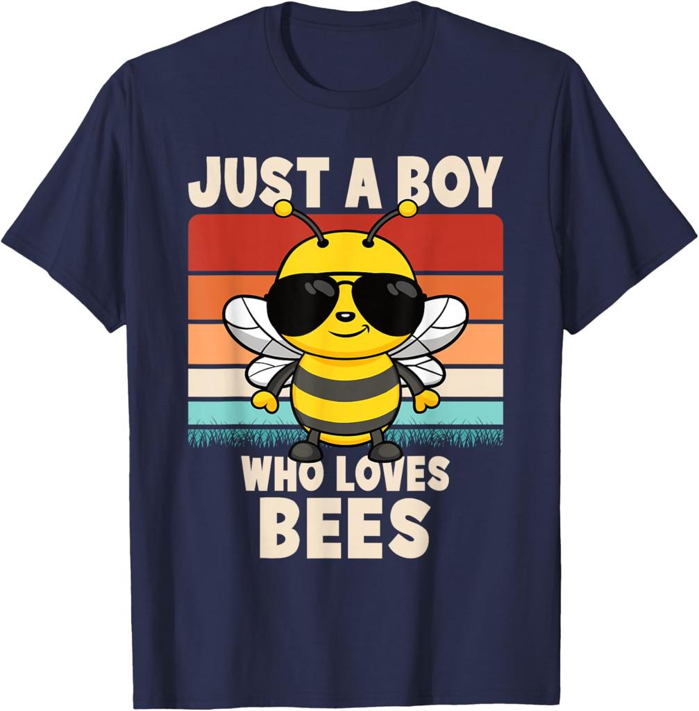 Just A Boy Who Loves Bees Cartoon Graphic Tee Men Casual Breathable Short Sleeve T-Shirt