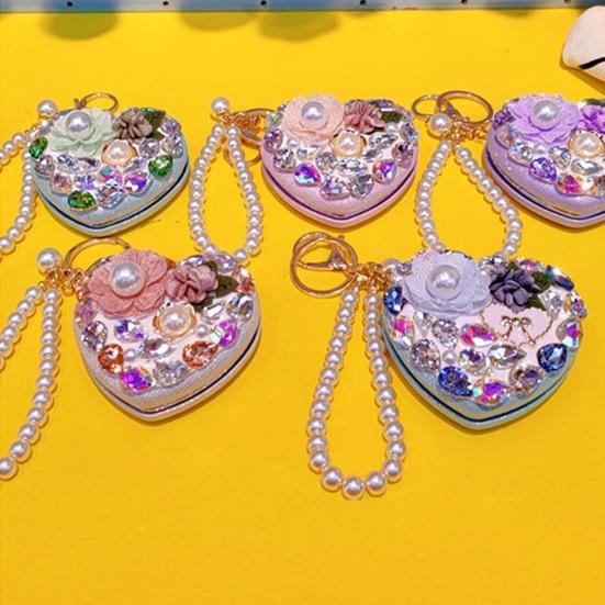 Folding Mirror Keychain Ladies Double-Sided Make-up Mirror with Faux Pearl Chain Rhinestone Mirror Pendant for Travel Touch-ups Bag Accessory