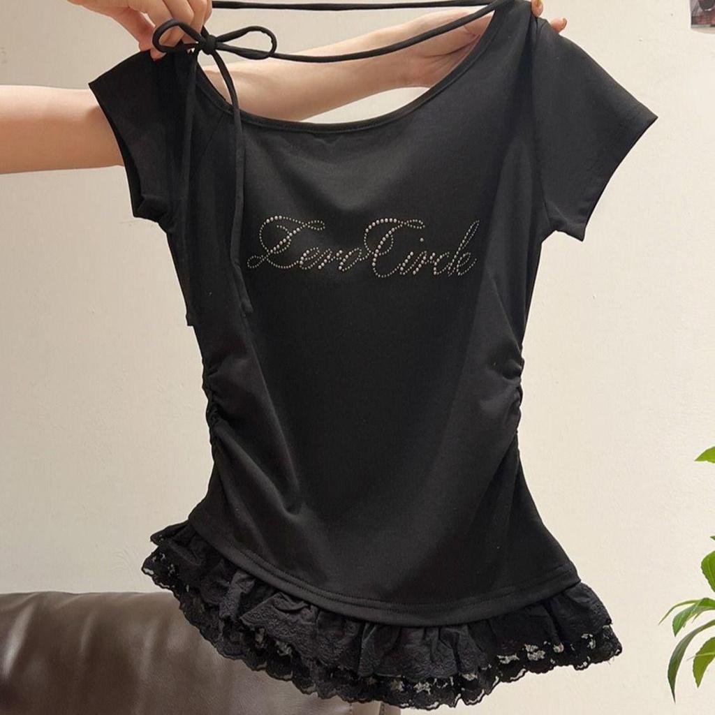 2026 Summer Sweet & Spicy Rhinestone Halter Neck Lace Top for Petite