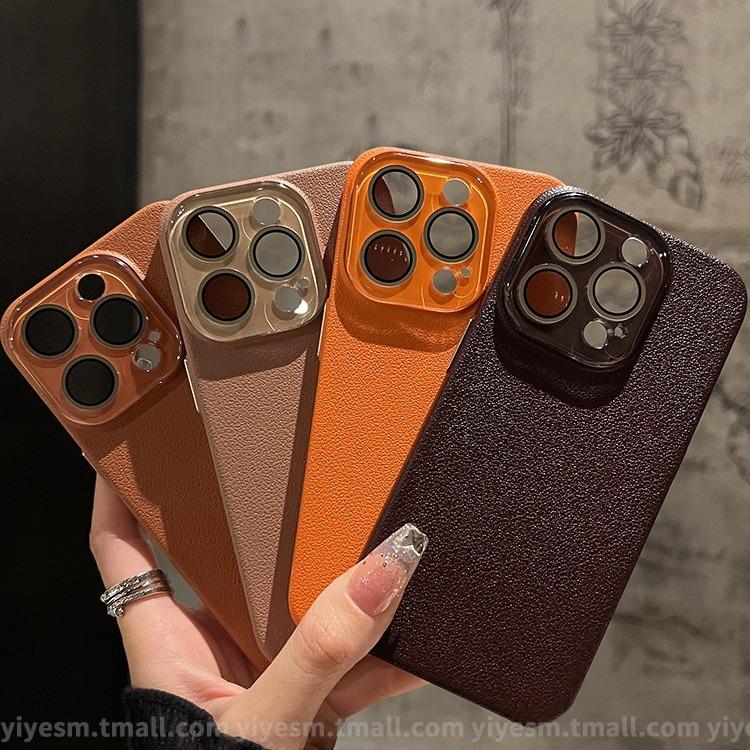 Applicable to iPhone15 lychee leather pattern mobile phone case Apple 14promax crystal lens 13 simple solid color protection