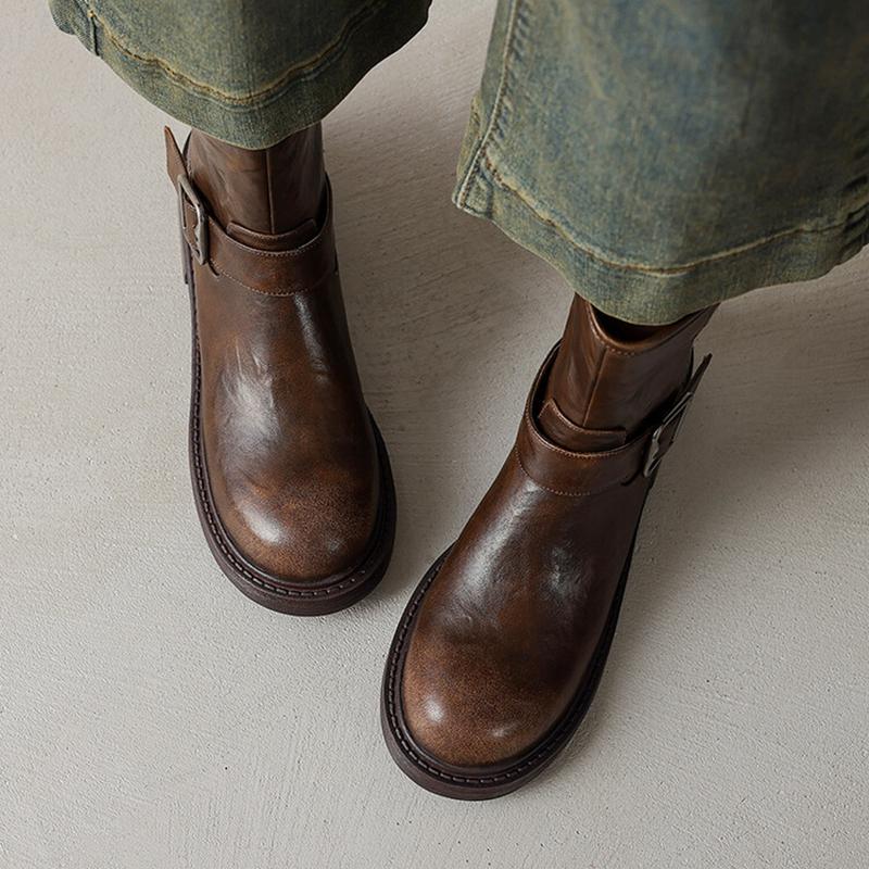 Fashion NEW Autumn Women Boots Split Leather Shoes for Women Round Toe Chunky Heel Shoes Zipper Short Boots Casual Buckle Western Boots