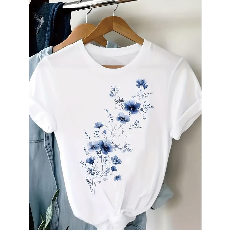 

Womens Blue White Floral Print Tee Round Neck Short Sleeve Soft Fabric All Season Versatile Durable Everyday Casual Top 4XL білий