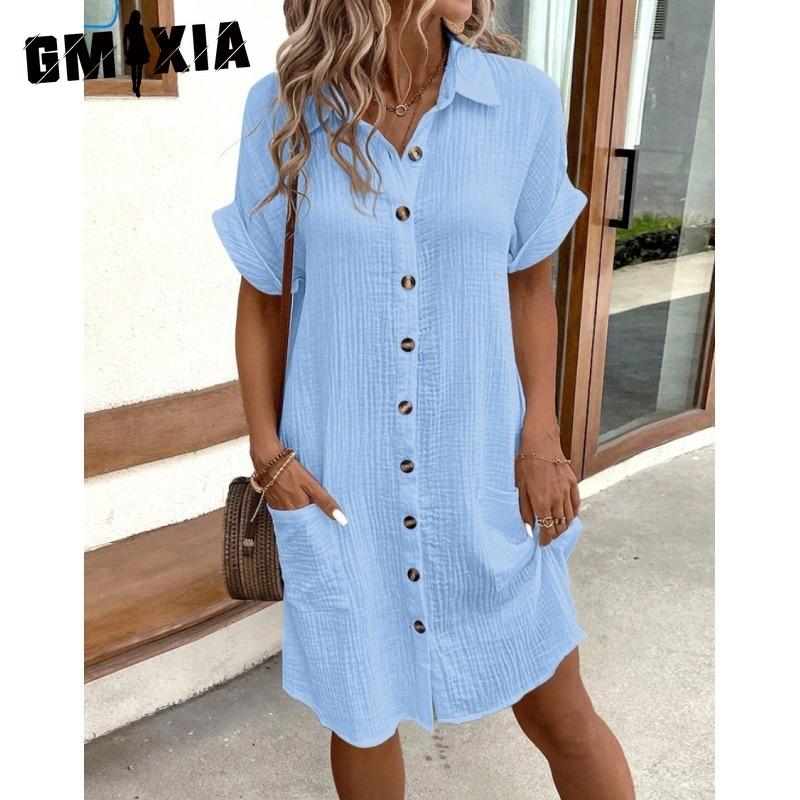

GMXIA Женские модные летние весенние однотонные повседневные платья с короткими рукавами и воротником-поло с принтом XXXXXL синий