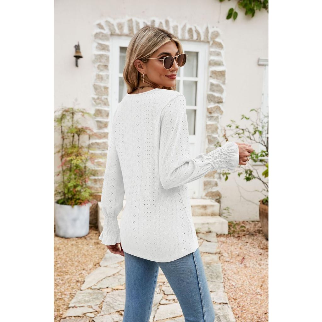 GMXIA Autumn Winter Solid Color Lace Splicing V-neck Long Sleeve Loose T-shirt Top