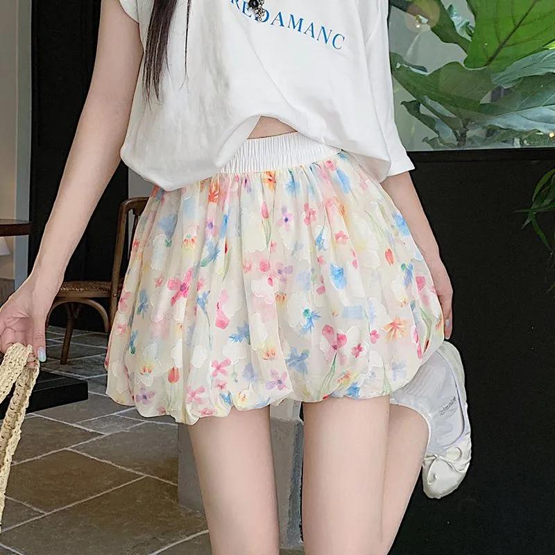 Women's Summer Floral Print Puff-Sleeve Shorts with High Waist, Loose-Fitting Casual Wide-Leg Skirt-Pants