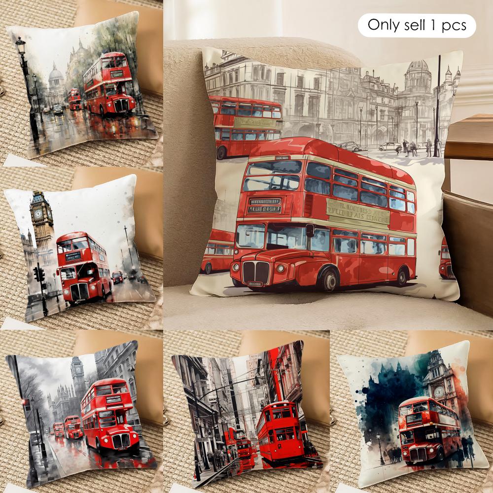 London Red Bus Print Cushion Cover Silky Short Plush Invisible Zipper Dustproof Sofa Pillow Case for Home Decor