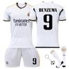 Kids Soccer Jersey Set No.9 Benzema 2023/2024 Season 4 Pieces White Polyester with Free Keychain