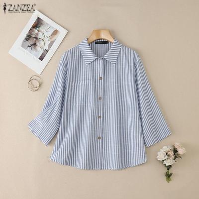 Women Casual Turn Down Collar Loose 3/4 Sleeve Stripe Blouse