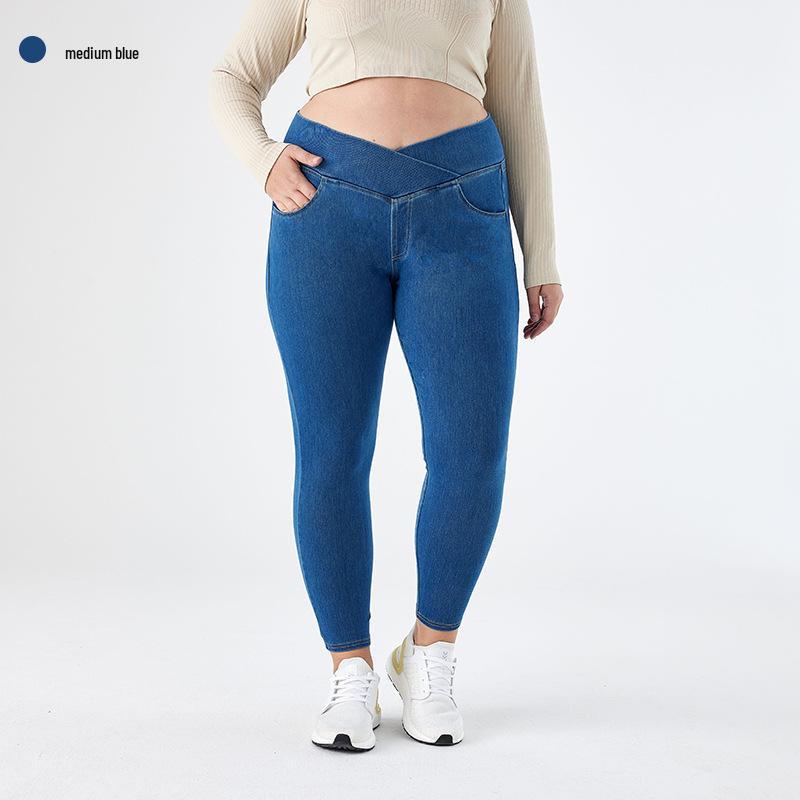 Women s High-Waist Cross-Waist Denim Skinny Jeans - Plus Size, Slimming Fit, Casual 2XL средний синий