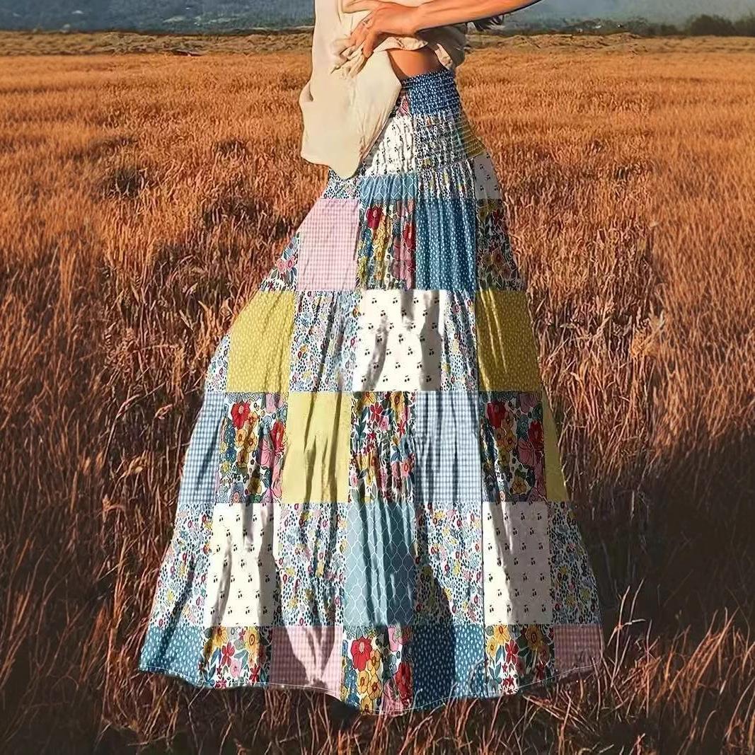 women s Smocked High Waist Floral Patchwork Tiered Maxi Skirt Boho A Line Swing Long Skirt S