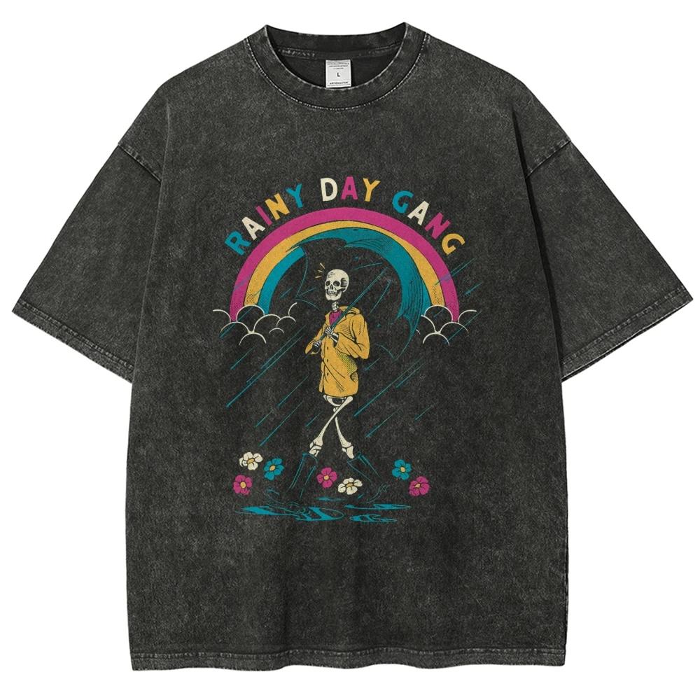 Rainy Day Gang Rainbow Skeleton Vintage Unisex Washed T-shirt, Funny Skull Halloween Tee S разноцветный