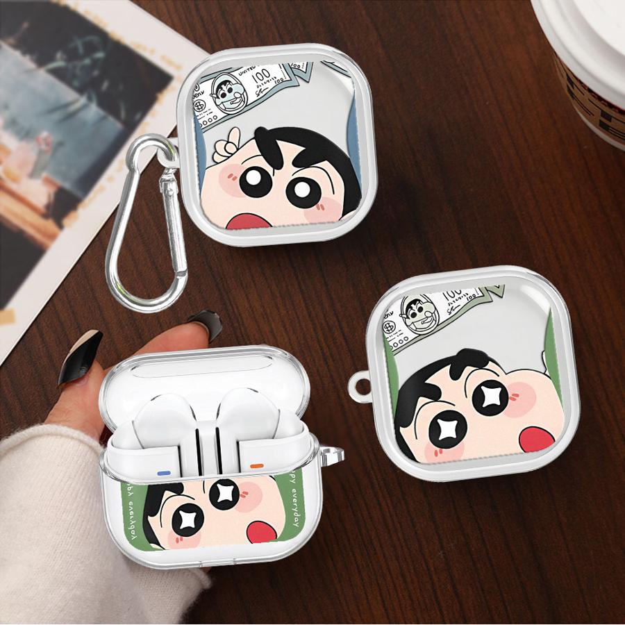 Case For Samsung Galaxy Buds 2 3Pro 4Pro Live 4 Pro 2Pro 3 FE Clear Earphone Cases Cover With Hook Crayon ShinChan Cartoon
