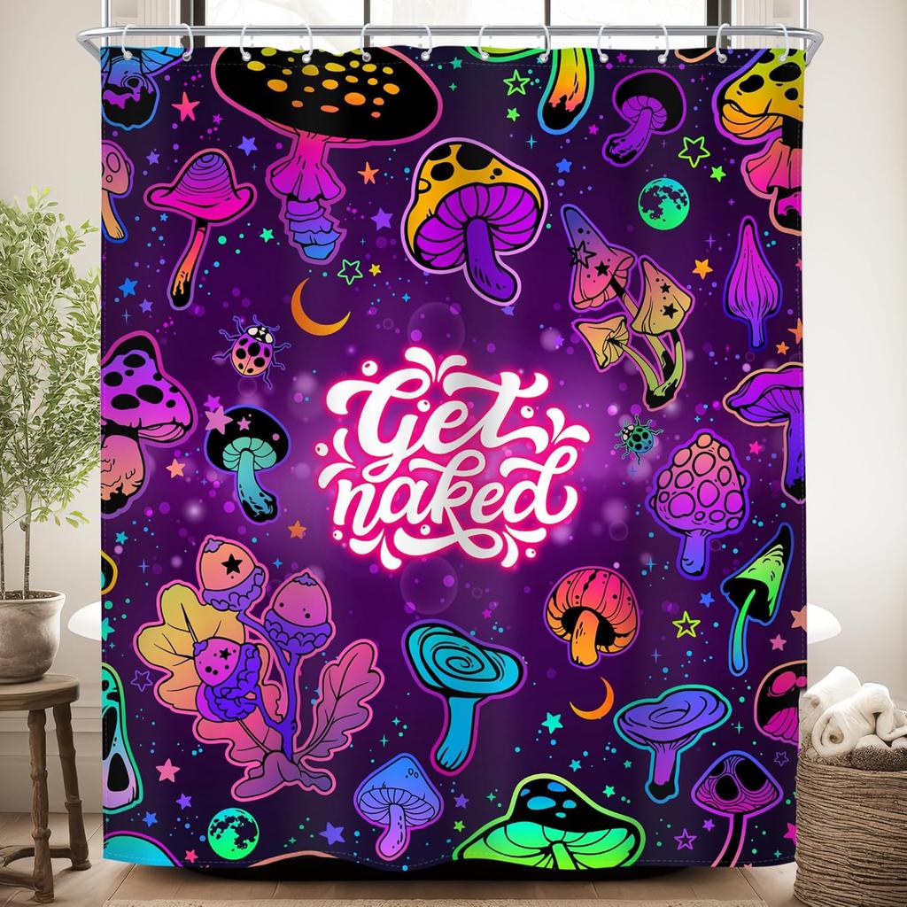 Retro Orange Floral Mushroom Shower Curtain 70s Rustic Vintage Yellow Abstract Aesthetics Poppy Flowers Mid Century Plants