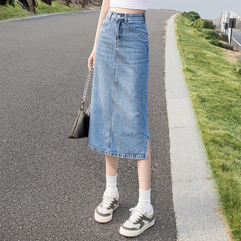 Women s Fashion High-Waist Slit Denim Midi Skirt S