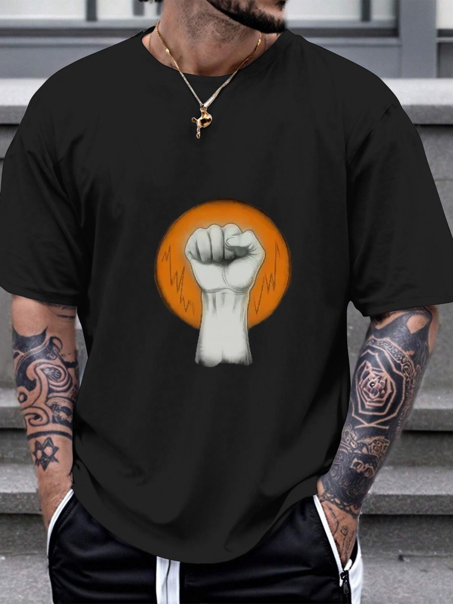 1pc Fist Raised Orange Heartbeat Graphic T-shirt S