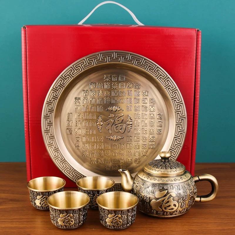 

Чайний сервіз зі сплаву цинку Baifu Вінтажний зелений античний колір Чайний сервіз Орнаменти Чайник Набір підносів Чашка Чайник Металеві вироби