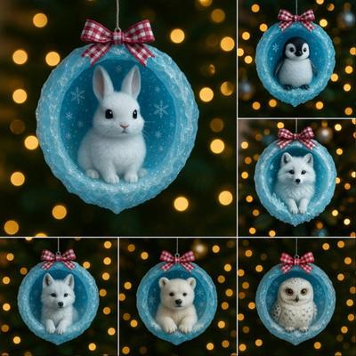 Kutup Hayvanı Yılbaşı Süsleri 2D Akrilik Buzlu Mağara Askılı Dekor Kutup Ayısı Penguen ile Noel Ağacı Süsü
