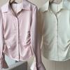 Satin Waist Folded Shirt for Female Women's Slim Fit Short Flared Sleeved Blouses Solid Color Single Breaste Lady's Tops