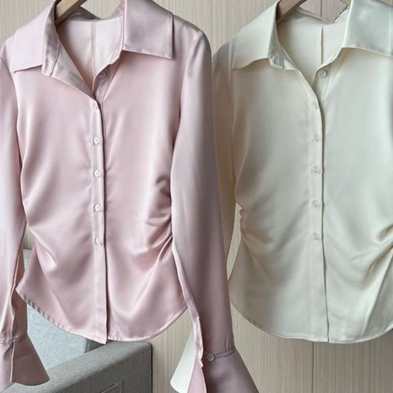 Satin Waist Folded Shirt for Female Women's Slim Fit Short Flared Sleeved Blouses Solid Color Single Breaste Lady's Tops