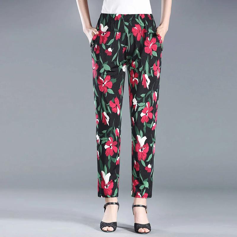 WTEMPO Elastic High Waist Thin Printed Women's Spring Summer Ice Silk Wide Leg Pants Mother's Loose Cropped Pants