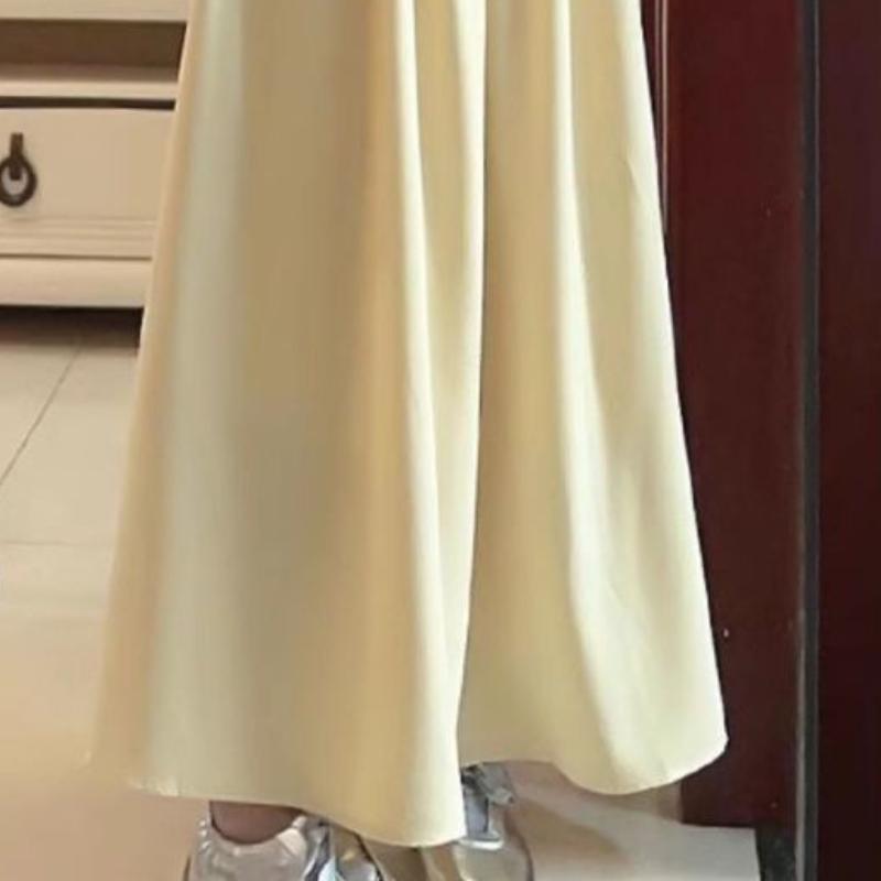 Damen Sommer Gelb Eisseide Halbrock Dünn Hochtailliert A-Linie Schlankmachender Schirmrock Plissierter Langer Rock