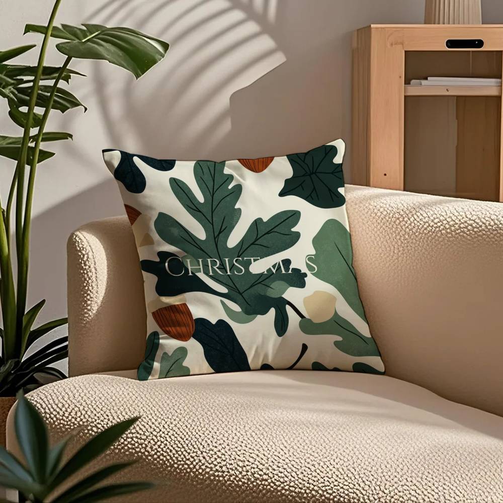 Winter Christmas Pine Leaf Pillow Case Comfort Sofa Bed Silky Elegant Invisible Zipper Custom Decorative Cushion Cover