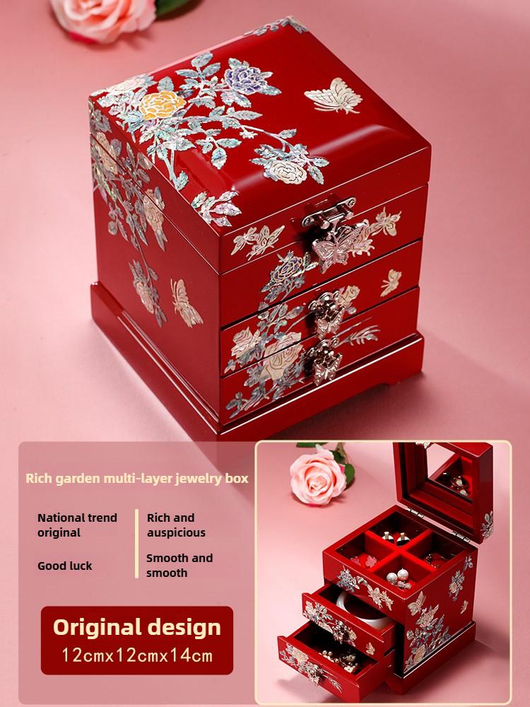 Lacquer Jewelry Box Mother of Pearl Inlay Wooden Multi Layer Chinese Style Wedding Gift
