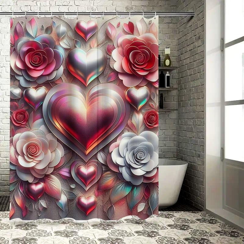 Luxurious 3D Floral Heart Shower Curtain - Waterproof, Mildew-Resistant, Machine Washable for Elegant Bathroom Decor