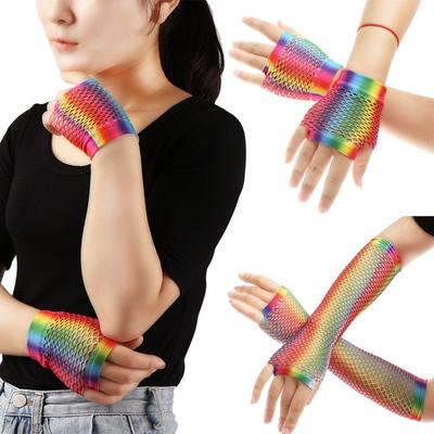 Fashion Wedding Party Colorful Disco Dance Fingerless Mesh Net Rainbow Hollow Out Holes Gloves