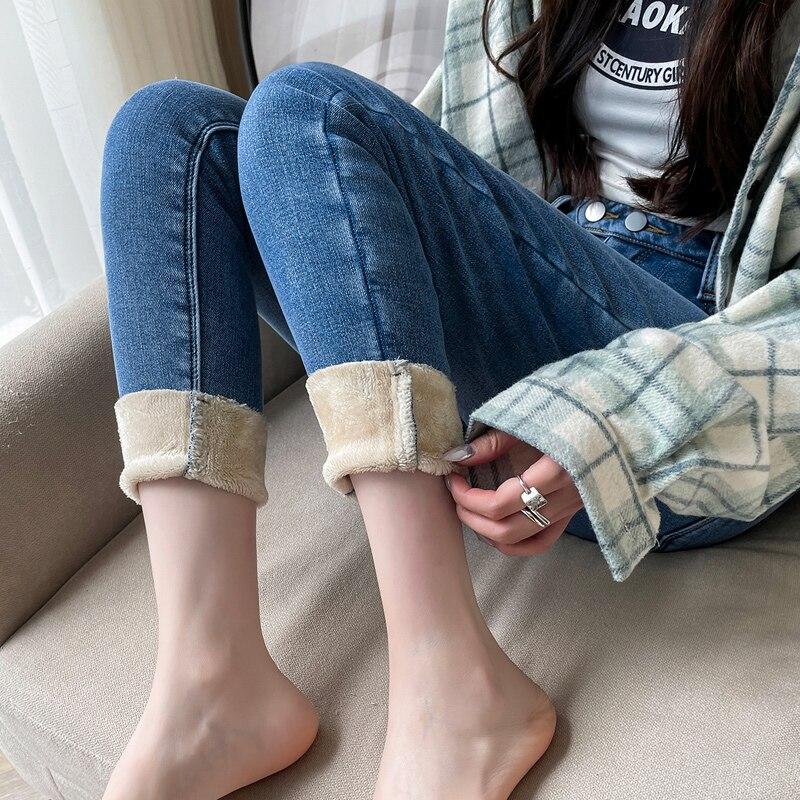 Autumn Winter Fashion Women Vintage Harajuku Jeans Fleece High Waist Casual Thicken Warm Elasticity Slim Skinny Jeans Streetwear