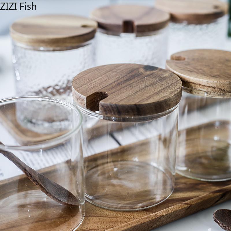Glass Seasoning Jar Seasoning Box with Wooden Lid Seasoning Storage Jar with Tray Kitchen Salt Shaker Seasoning Jar Home Decor