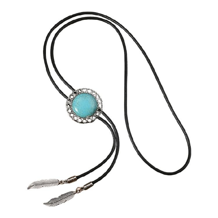 Men Women Western Cowboy Bolo Tie Vintage Turquoises Pendant Jewelry Leather Rope Necktie Tie Metal Feather Necklace