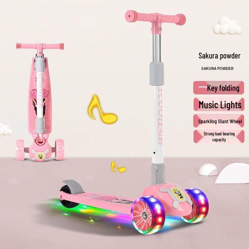 Colorful Folding Scooter with Flashing Music for 2-8 Year Olds - Durable Three-Wheeled Ride-On with Drop-Resistant Handlebar