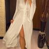 Neues Sexy Strand Lang Maxikleid Damen Strand Überwurf Tunika Pareo Weiß V-Ausschnitt Kleid Robe Badebekleidung Überwurf Bikini Strandkleidung V2623