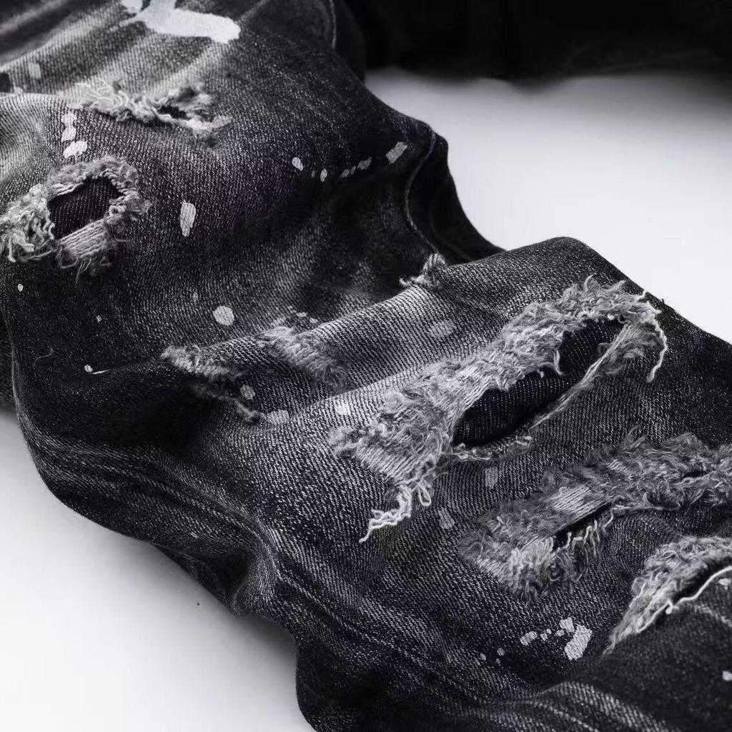 Men's Trendy Vintage Distressed Slim-Fit Paint-Splatter Jeans