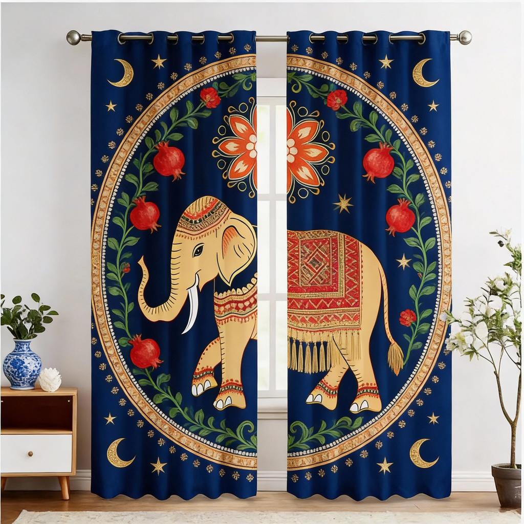 2 stuks Thaise Olifant Print Gordijnen - Levendig Bloemen- en Geometrisch Ontwerp, Verduisterend Stof, Stangzak Ophanging, Machinewasbaar