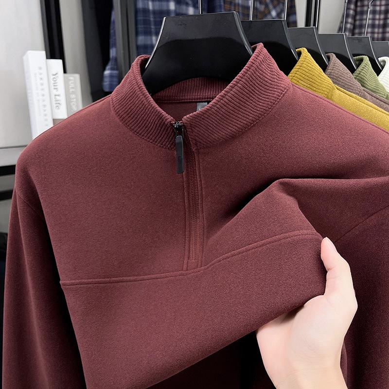 Men's Double-Sided German Fleece Half-Zip Hoodie - Stand Collar, Warm Base Layer for Autumn/Winter, Simple Casual Fashion.