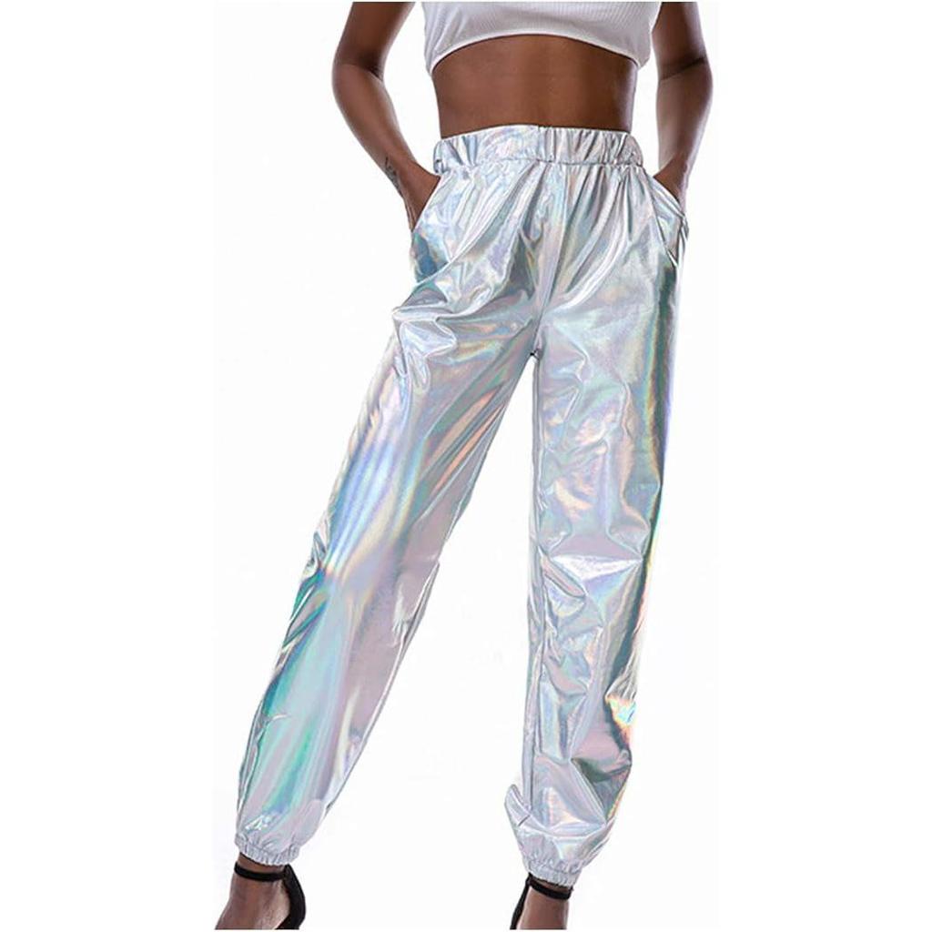 Glänzende, holografische, dehnbare, metallische Jogginghose für Damen, hohe Taille, Sweatpant, Hip-Hop-Club, Rave-Hose