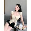 Pure desire Spice Girl Sexy Square Neck Strap Short Sleeve T-Shirt Women's Summer Waist Skinny Short Clavicle Top Women's T